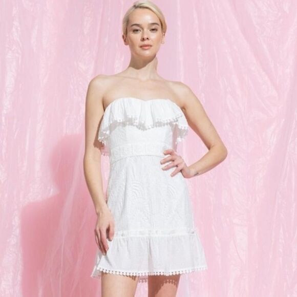 Lena White Lace Ruffles Strapless Mini Dress w/Lace Up Back (Size: Small) - Picture 4 of 16